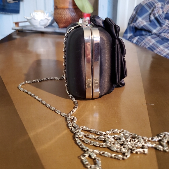 Black Silk Handbag/Clutch w/Flower - Picture 4 of 6